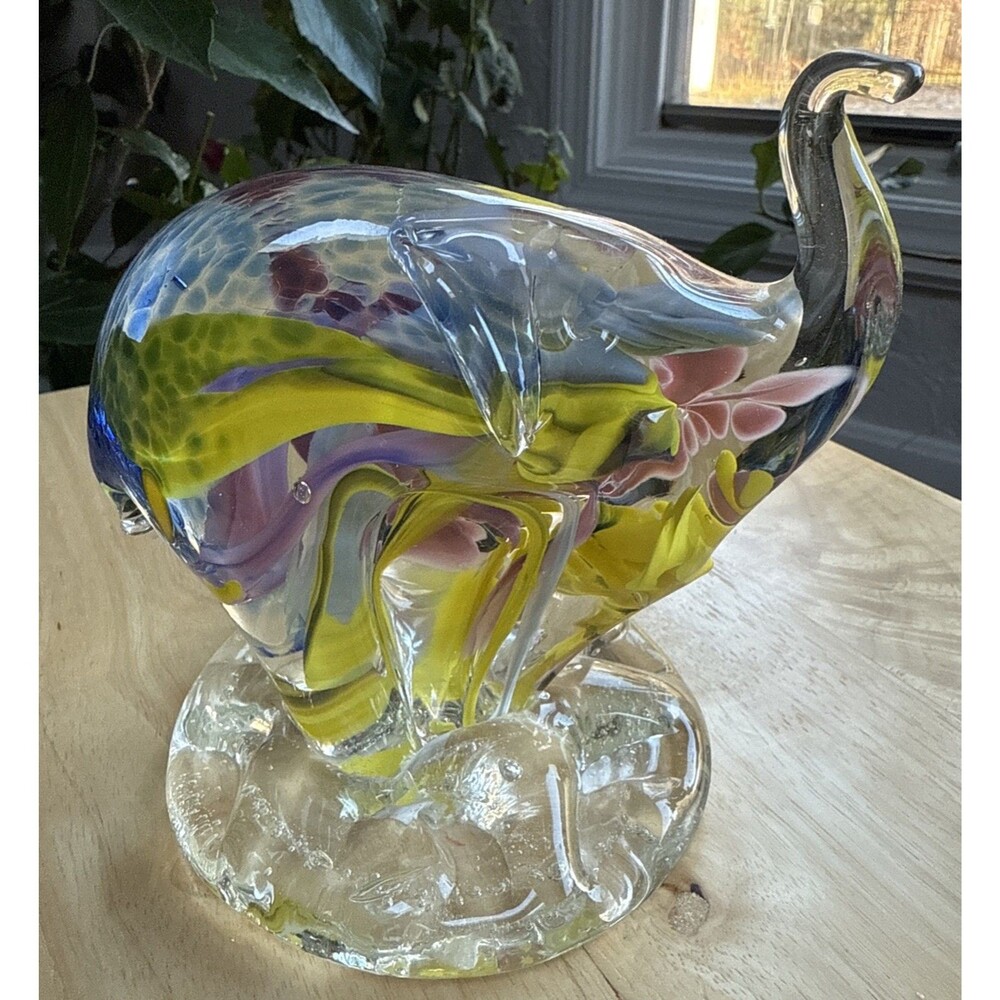 Hand Blown Art Glass Elephant Figurine Paperweight Signed By Artist